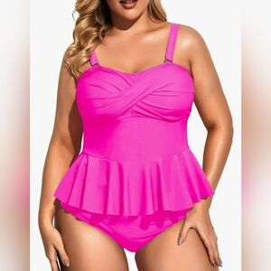 Vibrant Pink Peplum Tummy Control Tankini Two Pieces Swimsuit -18W